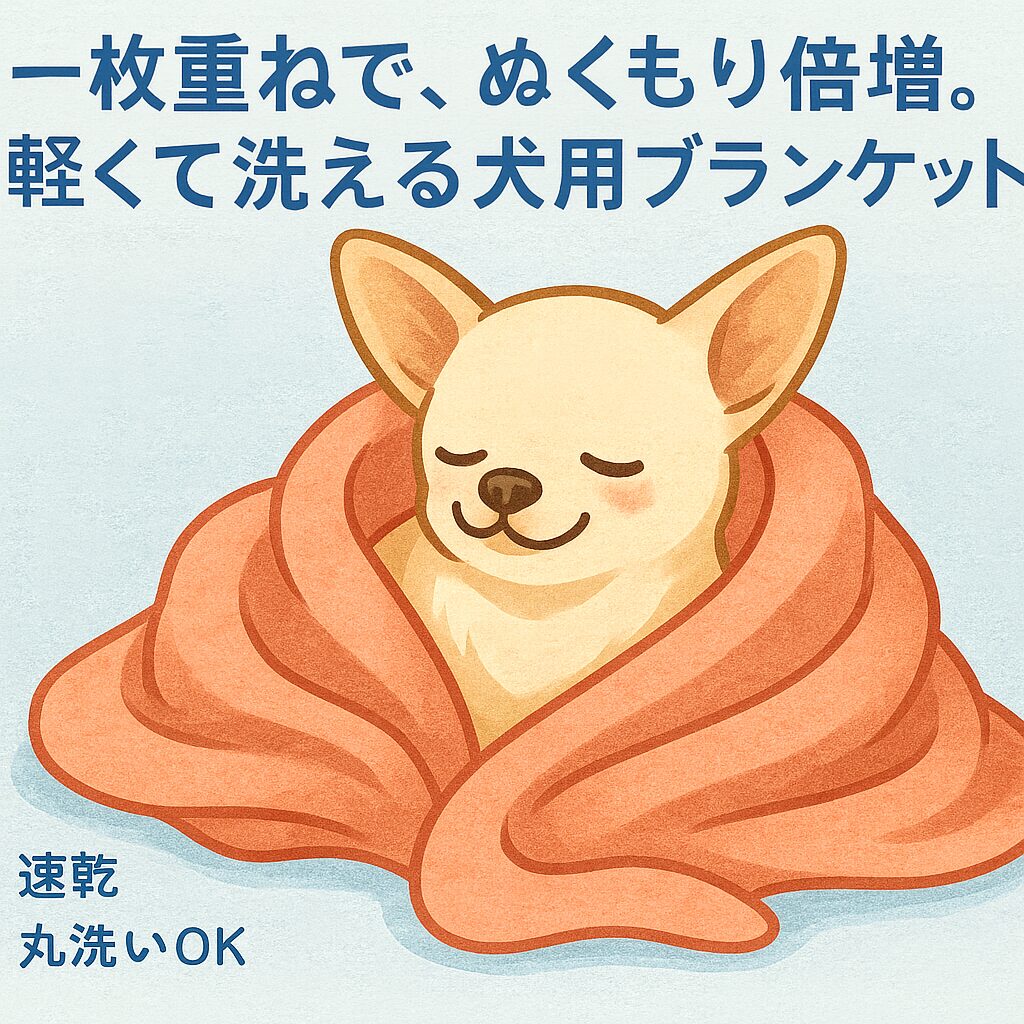 チワワが軽いフリース毛布にくるまり気持ちよさそうに目を細める可愛いイラスト
