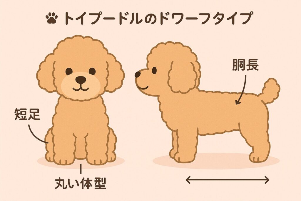 正面と横向きのトイプードル・ドワーフを並べ、短足・胴長・丸い体型の特徴を示したイラスト。