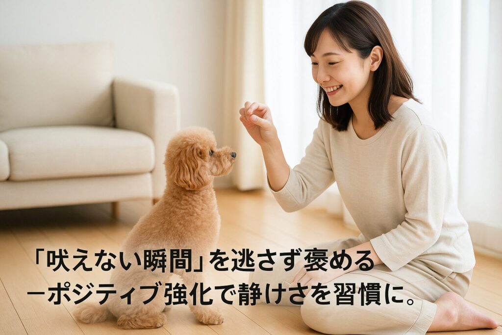 日本人女性がアプリコットのトイプードルをおやつで褒めている優しいトレーニング風景の写真