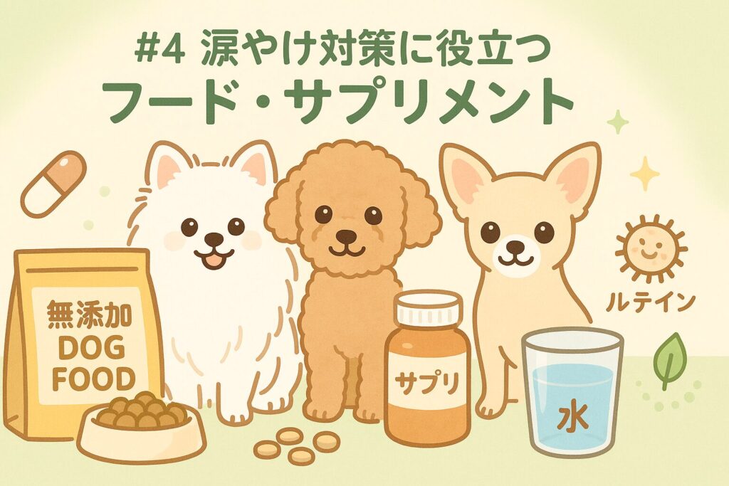 白ポメラニアン、アプリコットプードル、チワワが並び、前にドッグフードやサプリ・水が置かれている可愛いイラスト。