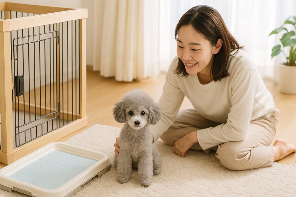 日本人女性が子犬用クレートやトイレを準備しシルバートイプードル子犬をやさしく見守る写真