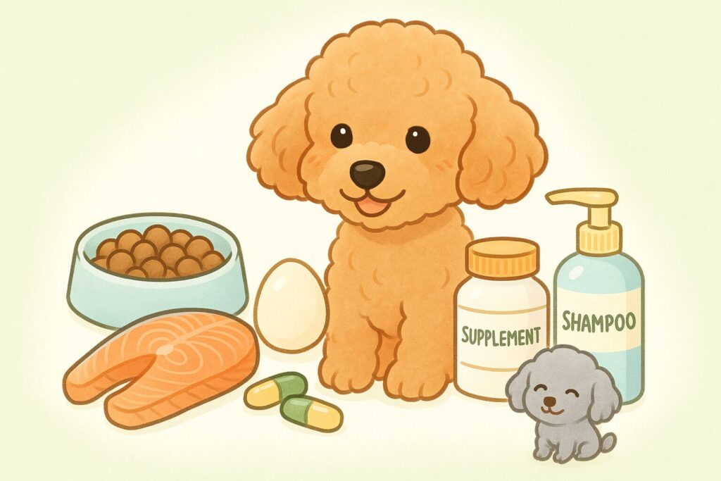 ボウル・魚・卵・サプリカプセル・低刺激シャンプーが並び、アプリコットプードルが嬉しそうに眺めるイラスト