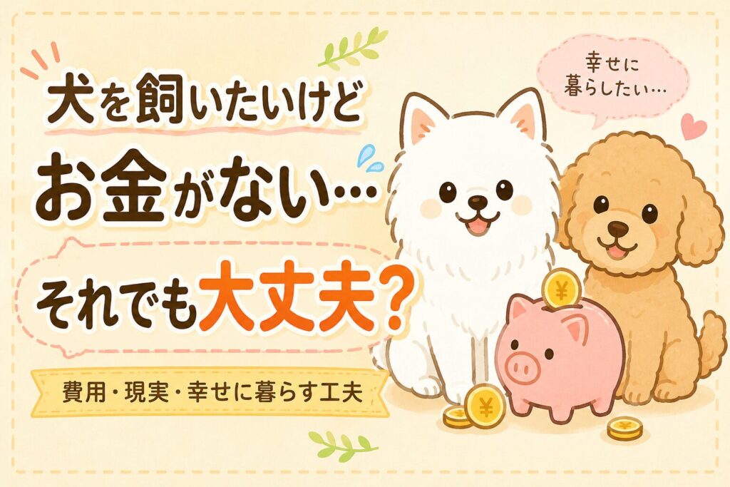 犬を飼いたいけどお金に不安がある人向けに、費用や幸せに暮らす工夫を紹介する犬のイラスト