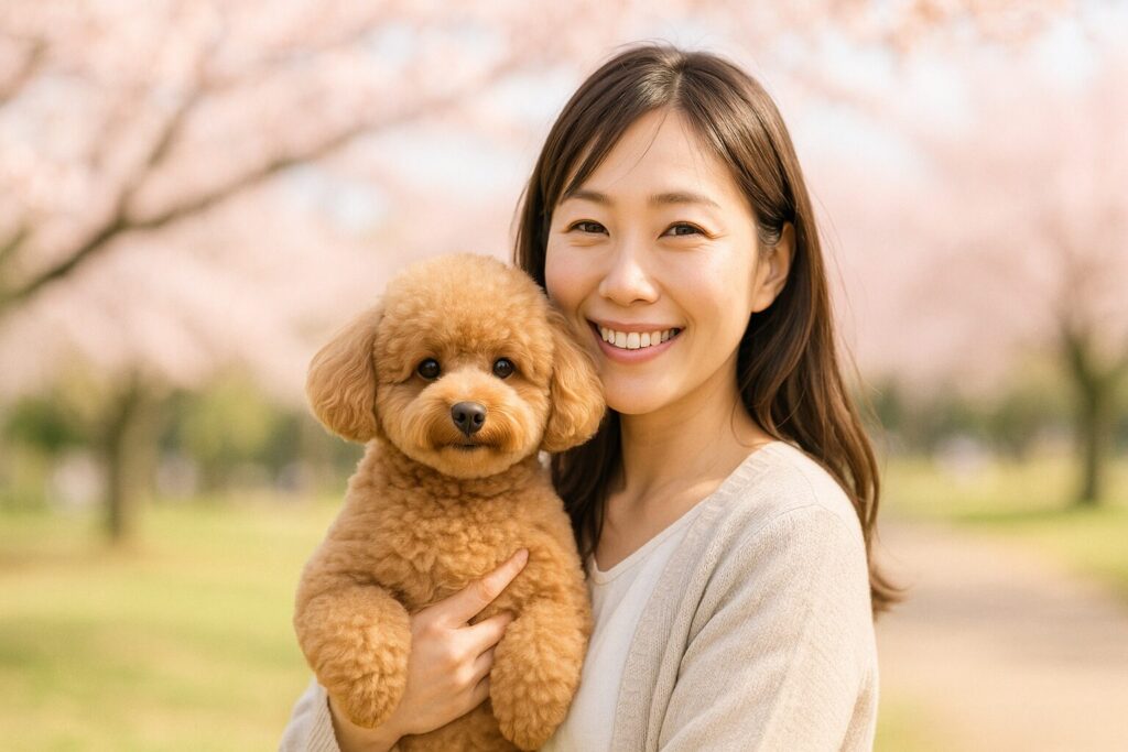 桜の公園で日本人女性がトイプードル・ドワーフを抱っこして微笑む、柔らかい光の屋外写真。