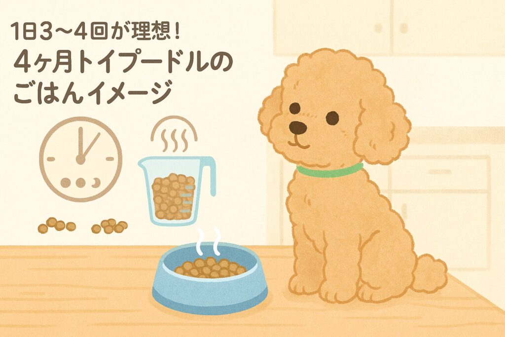 キッチンでトイプードルがごはんを待つイラスト。小粒フード、軽量カップ、1日3〜4回の時計アイコンが並ぶ