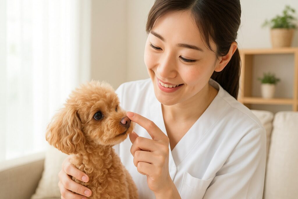 自然な笑顔の日本人女性が、アプリコットトイプードルの鼻をそっと見ている。明るい室内でやさしい光に包まれた写真風イメージ。