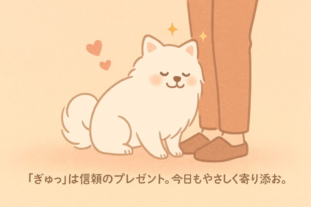 夕方のやわらかい色調で、白ポメラニアンが飼い主の脚にそっと寄りかかり目を細める、余白多めのやさしい総括イラスト