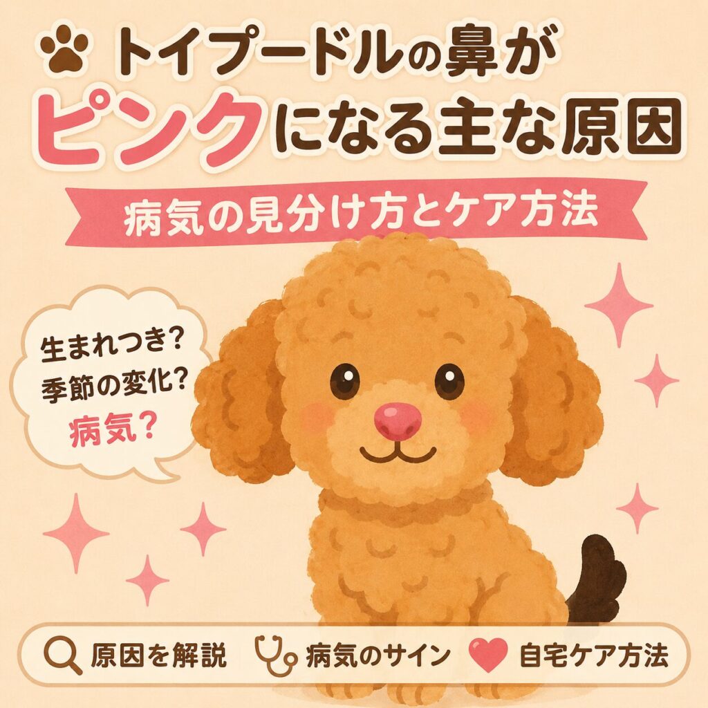 鼻がピンク色のトイプードルのイラスト。トイプードルの鼻がピンクになる原因や病気との見分け方、ケア方法を解説している。