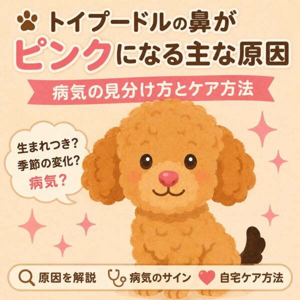 鼻がピンク色のトイプードルのイラスト。トイプードルの鼻がピンクになる原因や病気との見分け方、ケア方法を解説している。