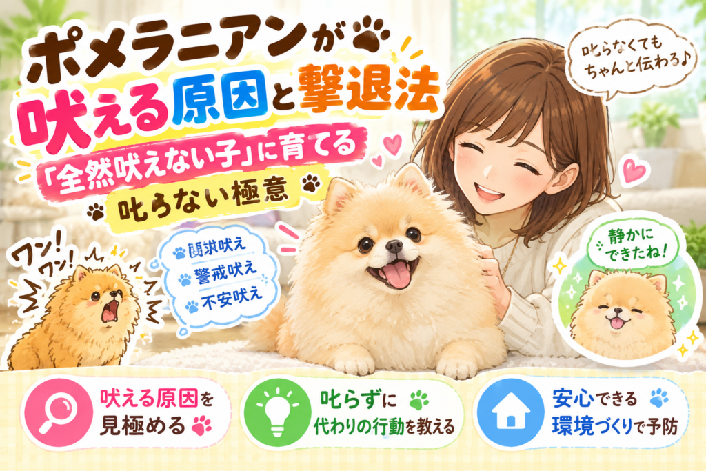 吠えるポメラニアンと落ち着いているポメラニアン、飼い主が正しい対応をするイラスト