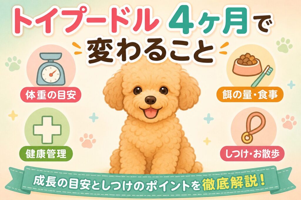 生後4ヶ月のトイプードルの成長を解説するイラスト。体重の目安、餌の量、しつけ、お散歩、健康管理のポイントを紹介。
