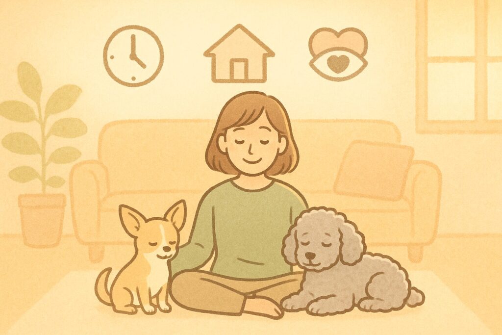 シニア犬と飼い主が落ち着いて過ごし、上にバランスを示すアイコンが並ぶまとめ用イラスト