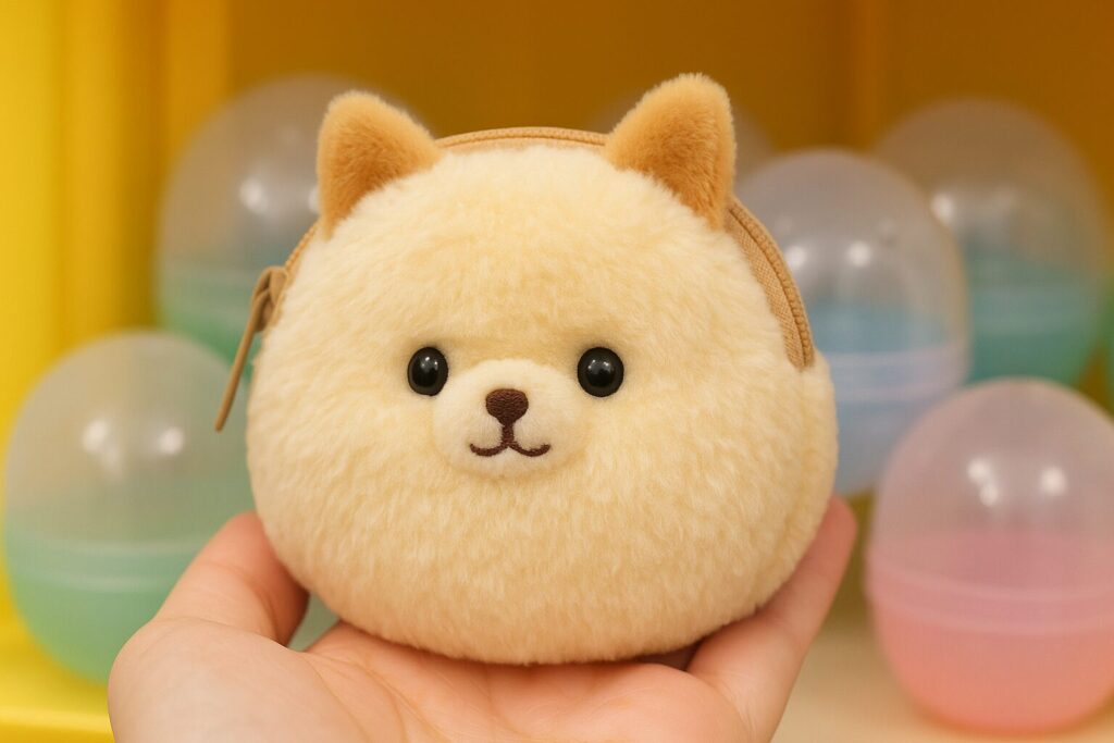 手のひらに乗せたポメラニアンもち もふもふポーチ。ガチャカプセル背景に、ふわふわ素材の丸い犬型ポーチが映える。