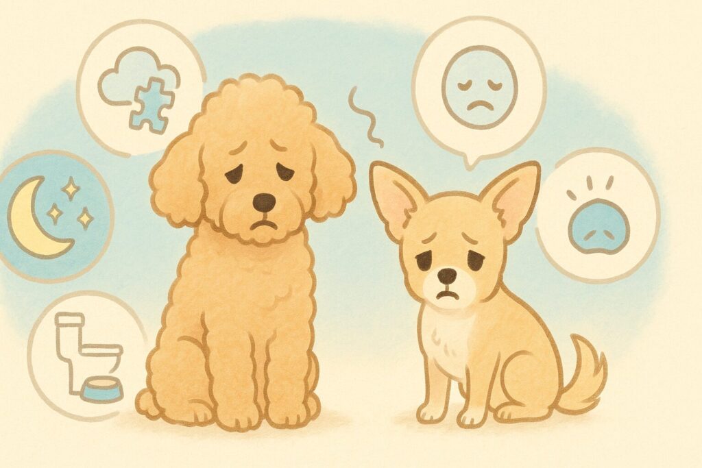 アプリコットプードルとチワワのシニア犬が、不安・認知症・痛み・トイレなどの原因アイコンに囲まれているイラスト