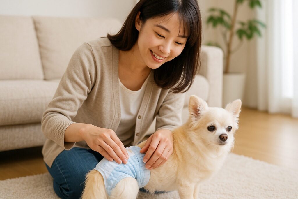 日本人女性がチワワの老犬におむつを装着している様子の写真