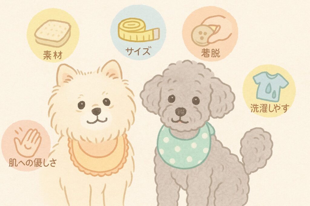白ポメラニアンとシルバートイプードルがよだれかけをつけ、素材・サイズなどの選び方がアイコンで示されたイラスト。