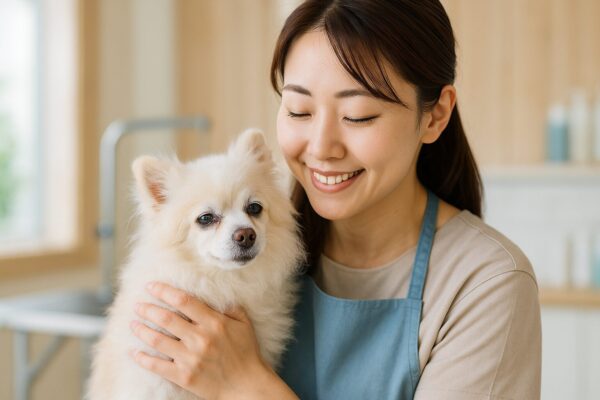 老犬の白ポメラニアンを優しく抱きかかえる日本人女性トリマーの写真。シニア犬でも安心できるトリミングのイメージ。