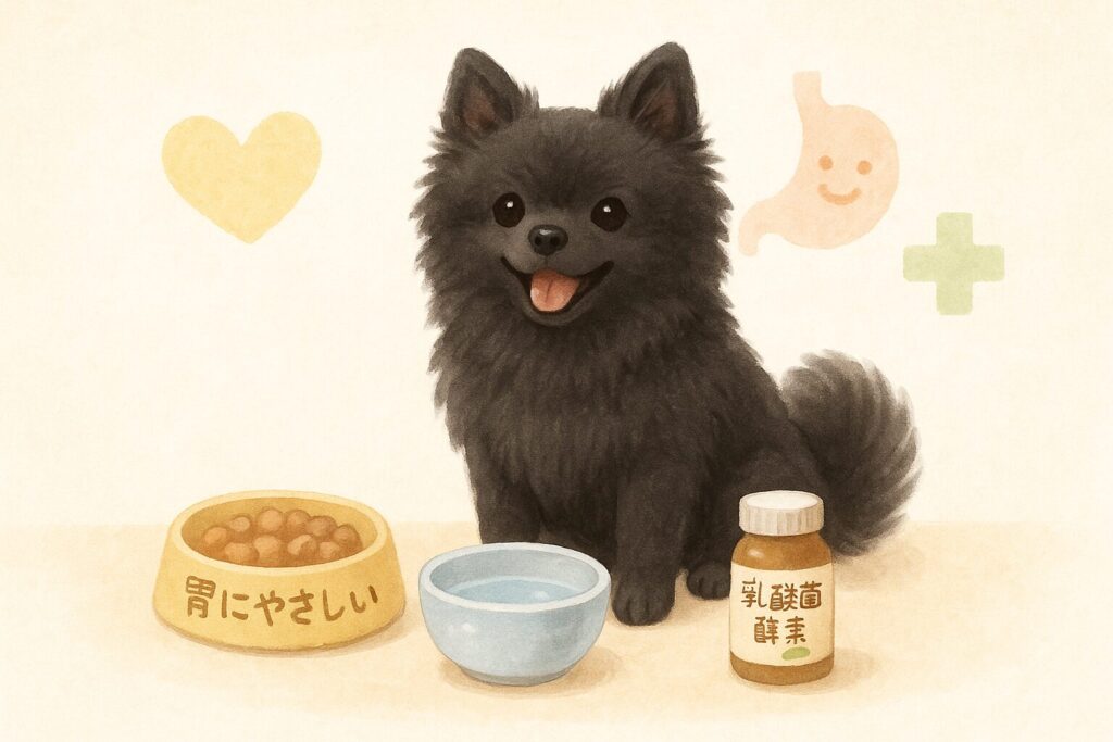 黒ポメラニアンが胃に優しいご飯と水、乳酸菌サプリの前でにこっと座っているイラスト。