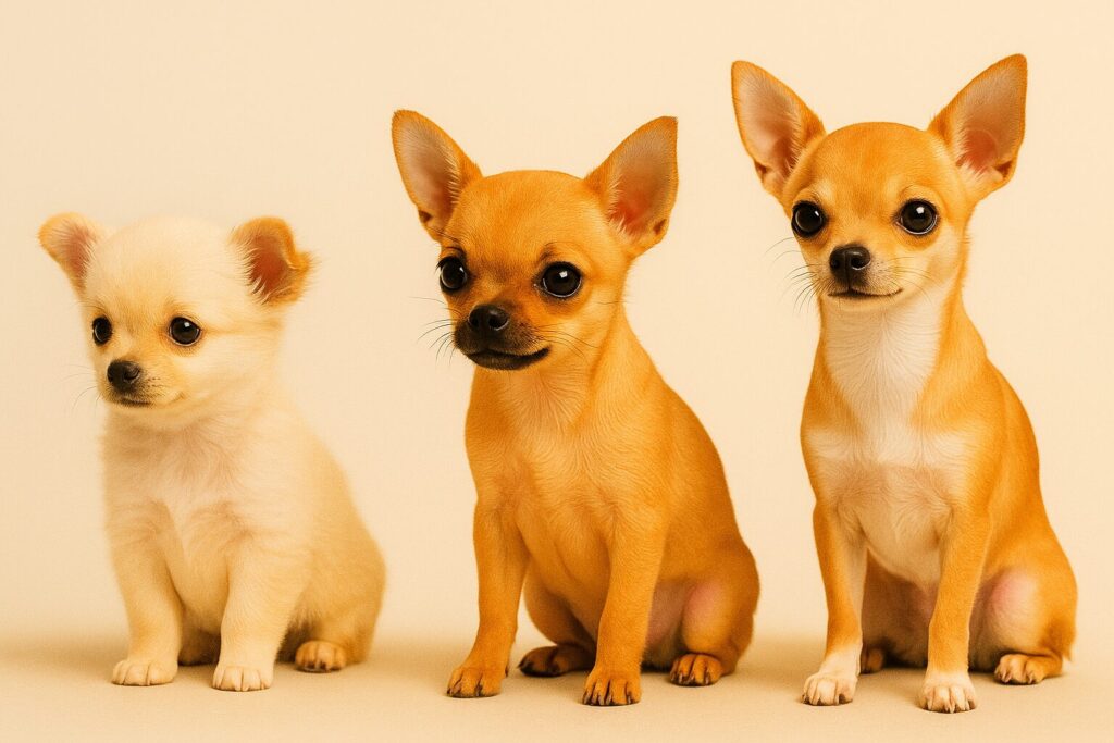 チワワの成長による顔の変化を比較した写真。左から子犬、成長期、成犬の順に並び、マズルや表情の違いがわかる。