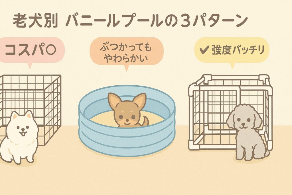 ワイヤーネット・ビニールプール・パイプサークルの3種類を、それぞれ白ポメ、チワワ、トイプー老犬と並べて紹介するイラスト