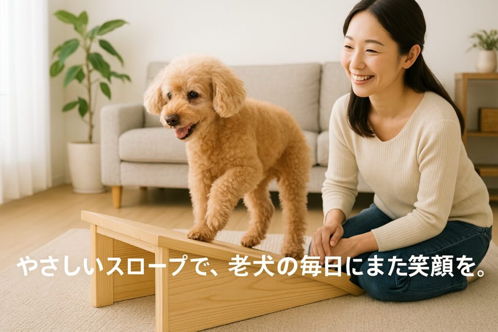 　「ナチュラルな木目のスロープを自分の足で登り降りしているアプリコットプードルのシニア犬の実写風写真。
　そばでしゃがんだ綺麗な日本人女性が、うれしそうに微笑みながらそっと見守っている。
　リビングは明るく、観葉植物やシンプルな家具が置かれた生活感のある室内で、愛犬の自立を応援するあたたかな雰囲気が伝わる構図。」