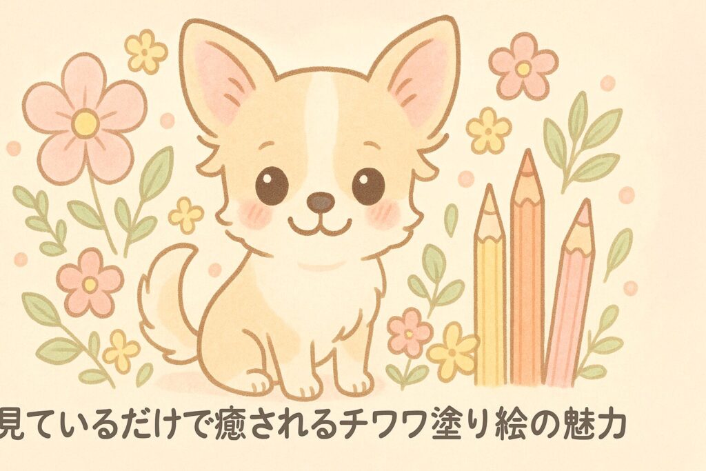 花や色鉛筆に囲まれて微笑むチワワの可愛いイラスト