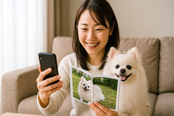 白ポメラニアンを抱えた日本人女性がフォトブックとスマホを手に微笑む、ナチュラルな室内