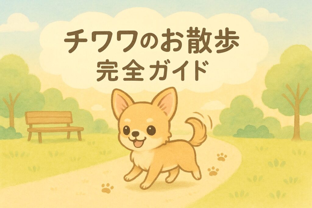 パステルカラーの公園で笑顔のチワワが歩くアイキャッチイラスト
