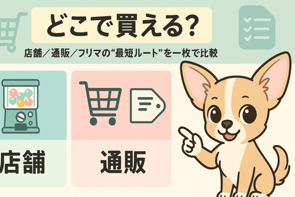 チワワが指差しポーズでガイドするイラスト。ガチャ筐体・ショッピングカート・スマホアイコンが並ぶ比較デザイン