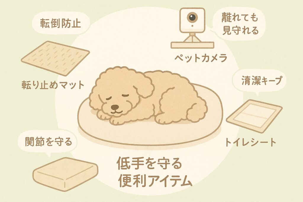 「円形サークルの周りに滑り止めマットや低反発ベッド、ペットカメラなどを配置した老犬介護アイテムのイラスト」
