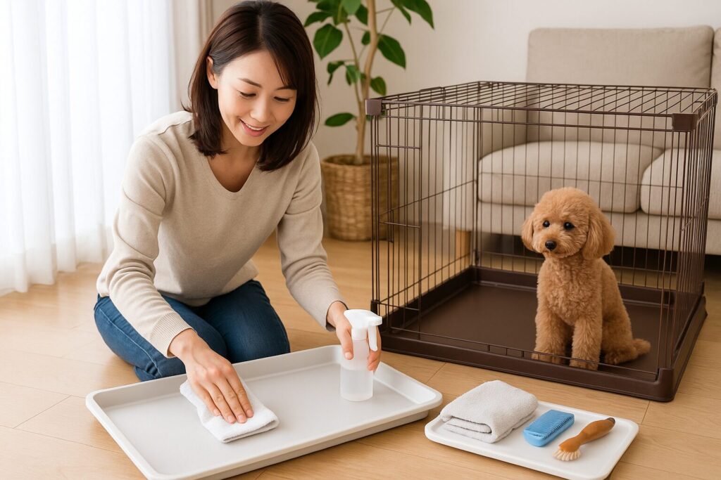 「日本人女性が引き出し式トレーを拭き掃除し、プードルが待っている実写写真」