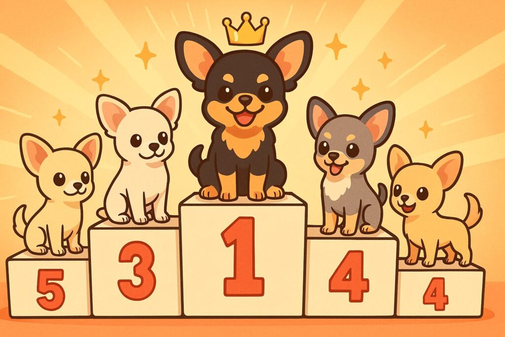 チワワフィギュアが1位から5位のステージに並んだランキング風イラスト。