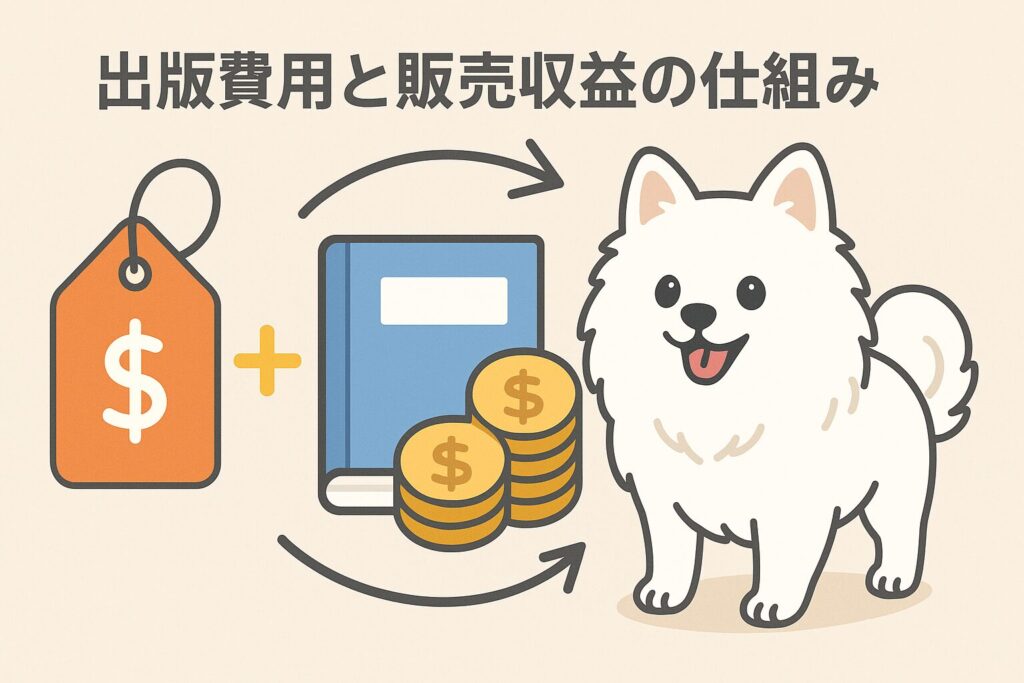 価格タグ・本・コインアイコンと白ポメラニアンの収益イメージ図