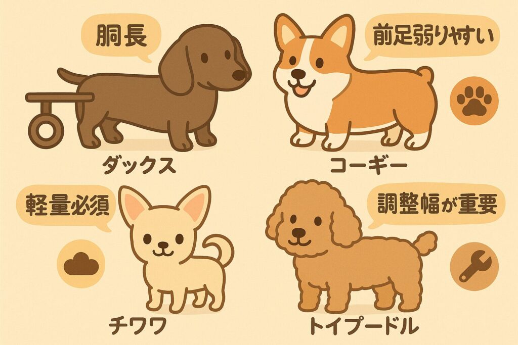 ダックス・コーギー・チワワ・トイプードルの特徴を示すイラスト