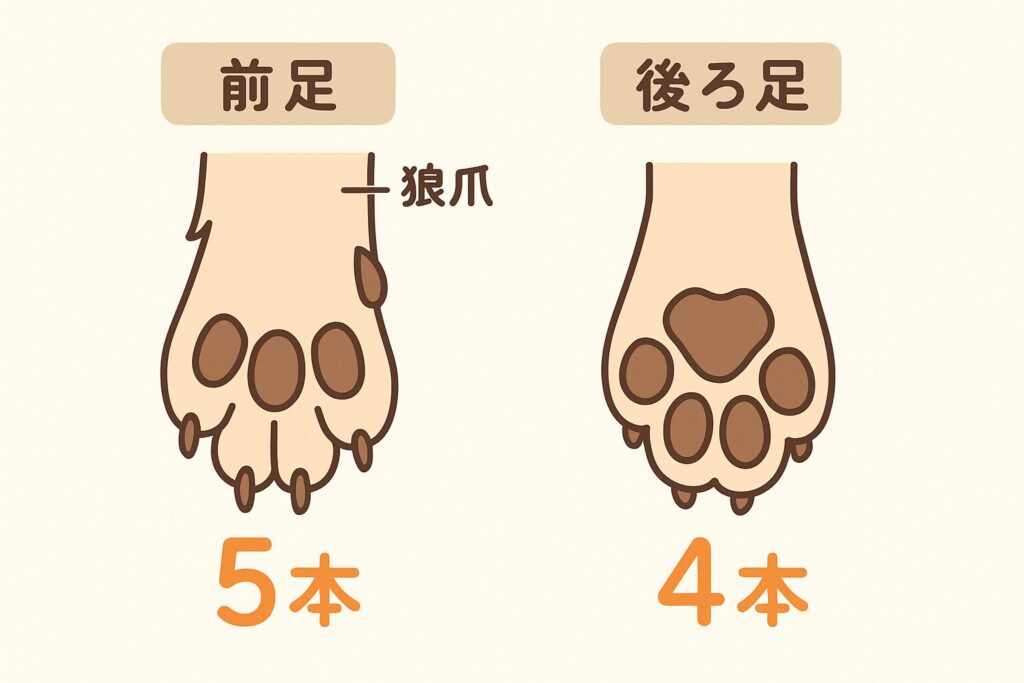 犬の前足と後ろ足の指の本数をわかりやすく示したイラスト（狼爪つき）