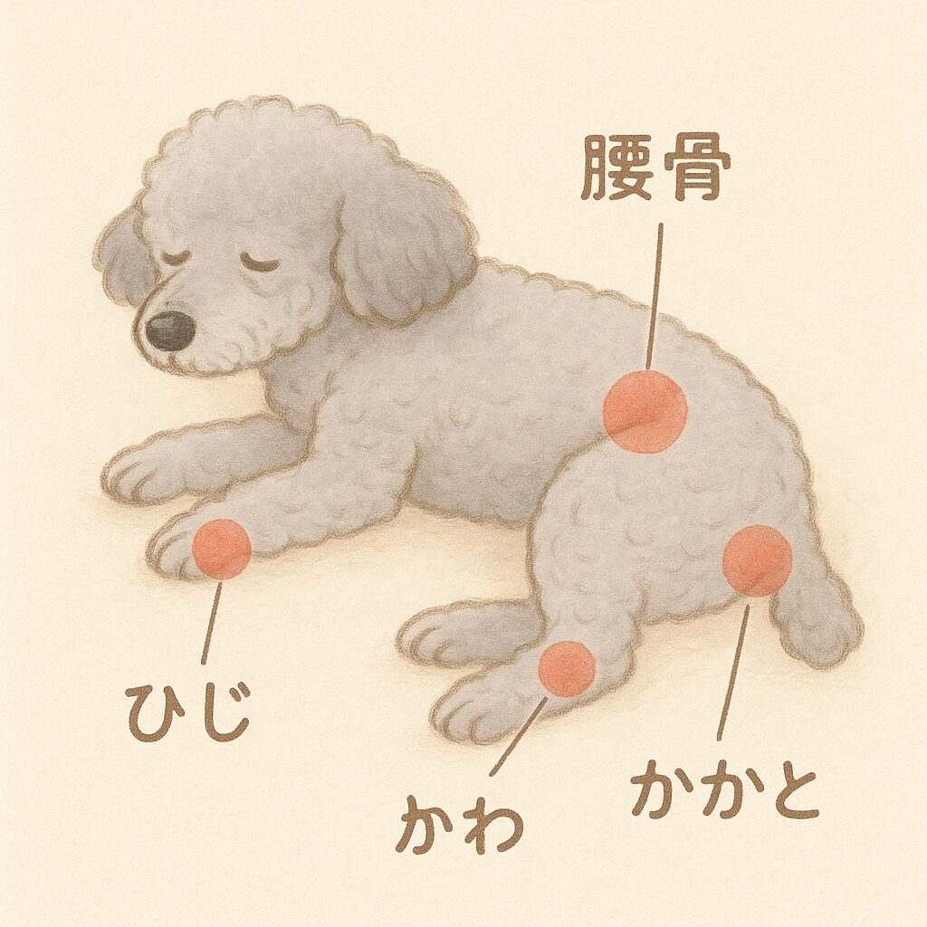 肘や腰骨など床ずれができやすい部位を示したシルバートイプードルのイラスト