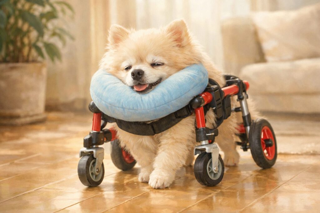 四輪車椅子でリハビリしながら歩く老犬