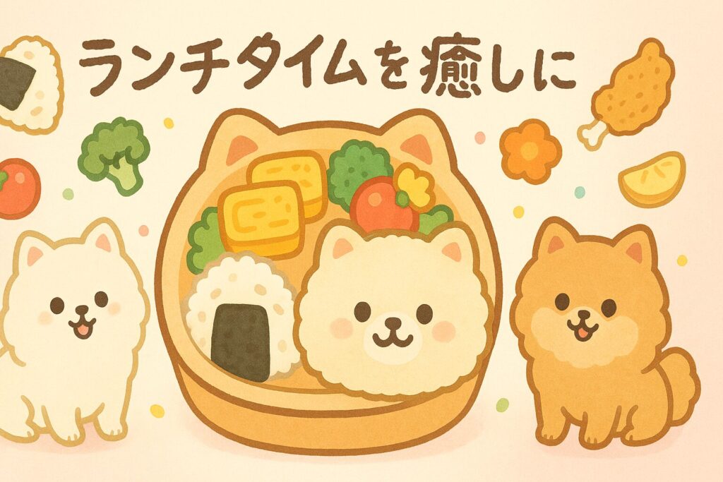 ポメラニアンの顔型弁当箱とカラフルなおかずに囲まれたかわいいイラスト
