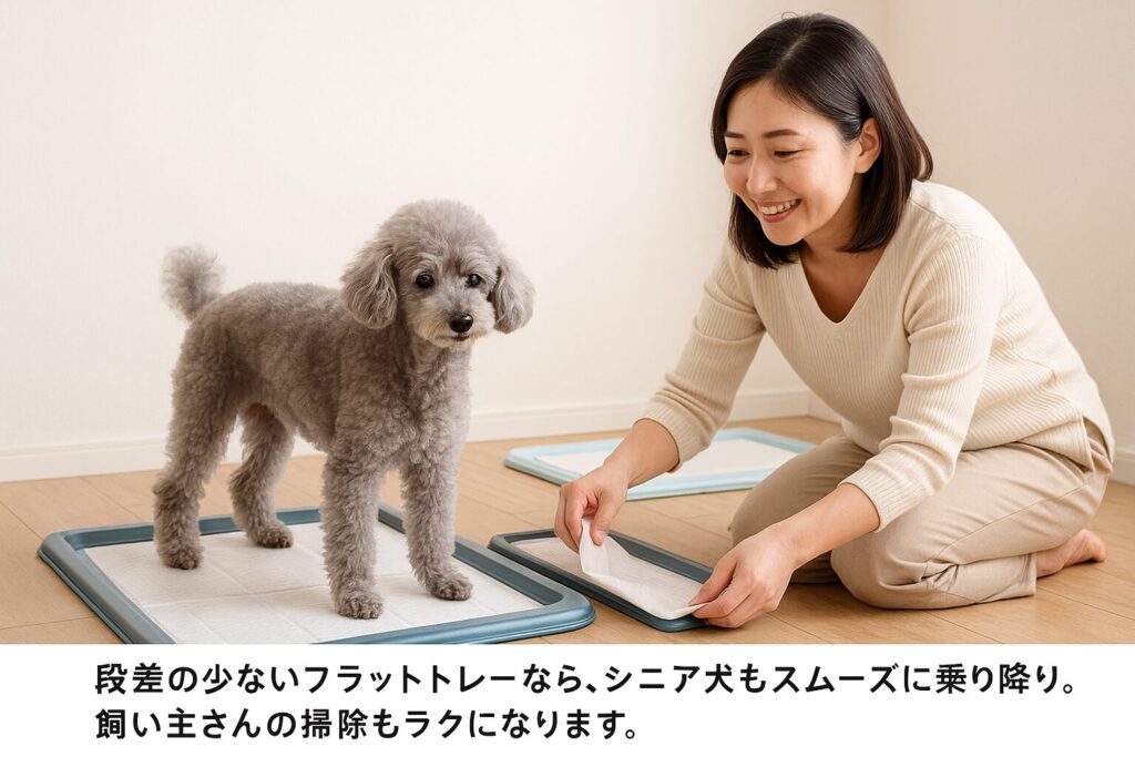 段差の少ないフラットトイレトレーの上に立つシルバートイプードルの老犬と、日本人女性がシーツをセットしている室内写真