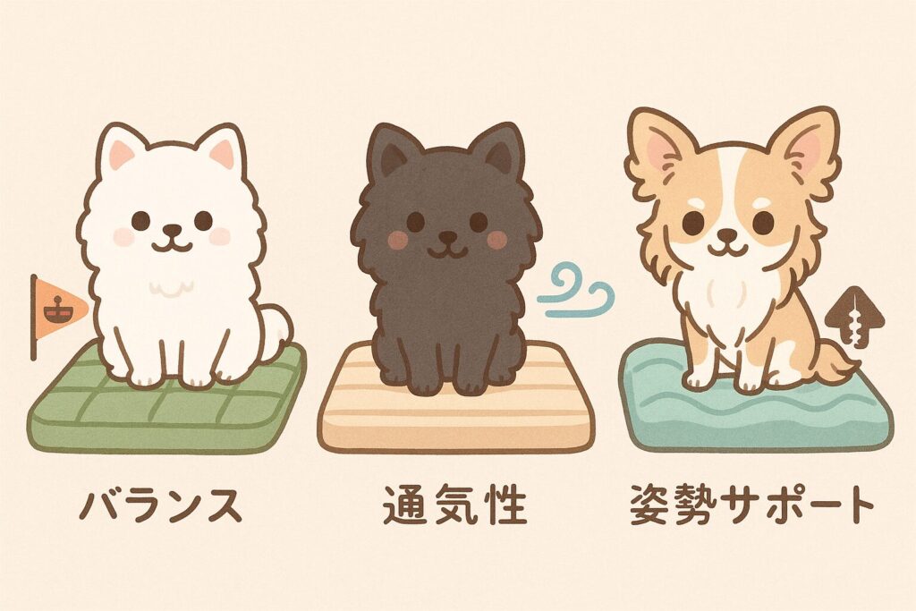 3種類の床ずれ防止マットの上でくつろぐ白ポメラニアン・黒ポメラニアン・チワワのイラスト