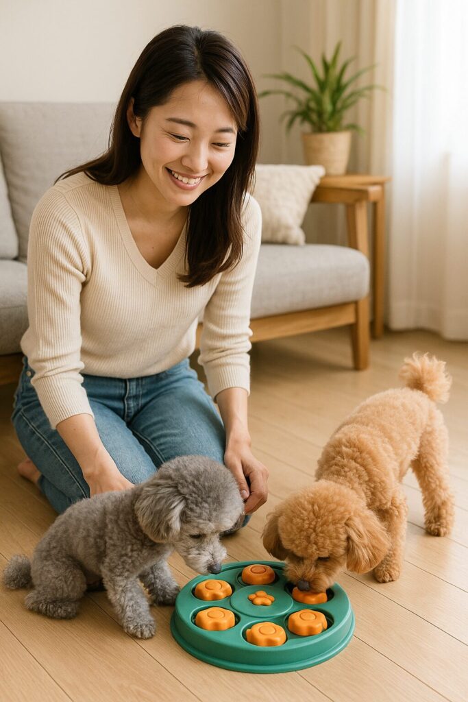 シルバートイプードルとアプリコットプードルが知育おもちゃに夢中で遊び、女性がそばで見守っている写真。