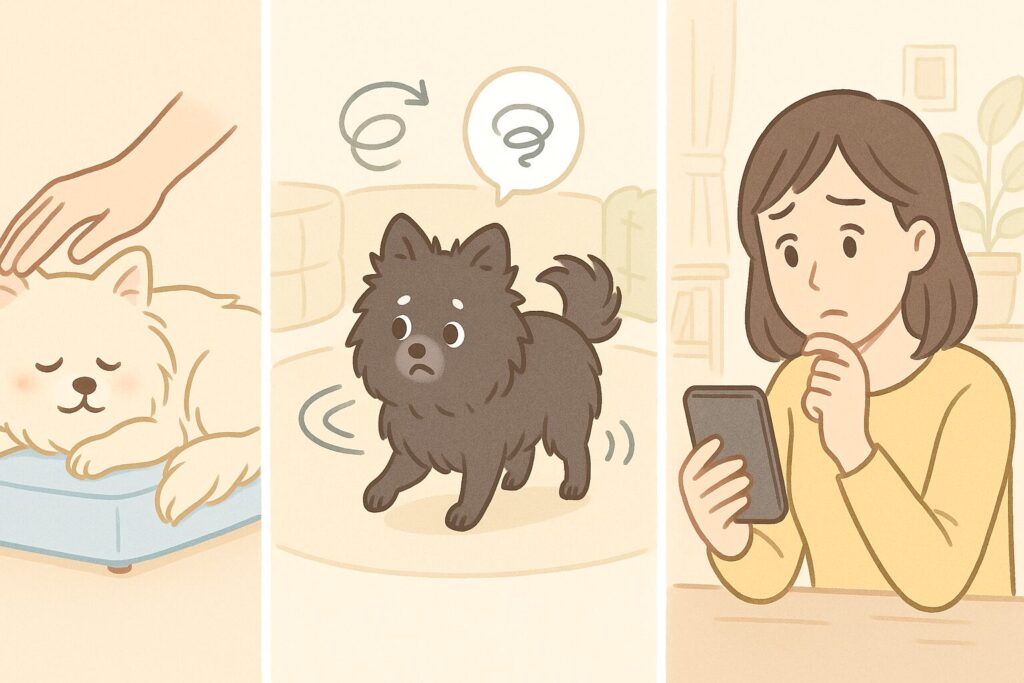 寝たきり犬・認知症犬・一人暮らしの見守りの3シーンを並べたイラスト