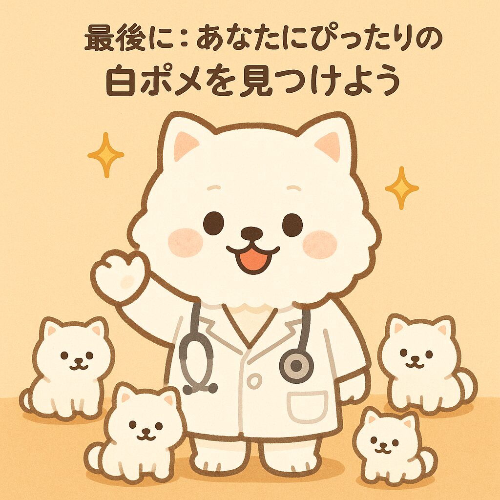 白衣を着たポメラニアンのシエロが手をふり、小さな白ポメぬいぐるみたちと並ぶラストイラスト。