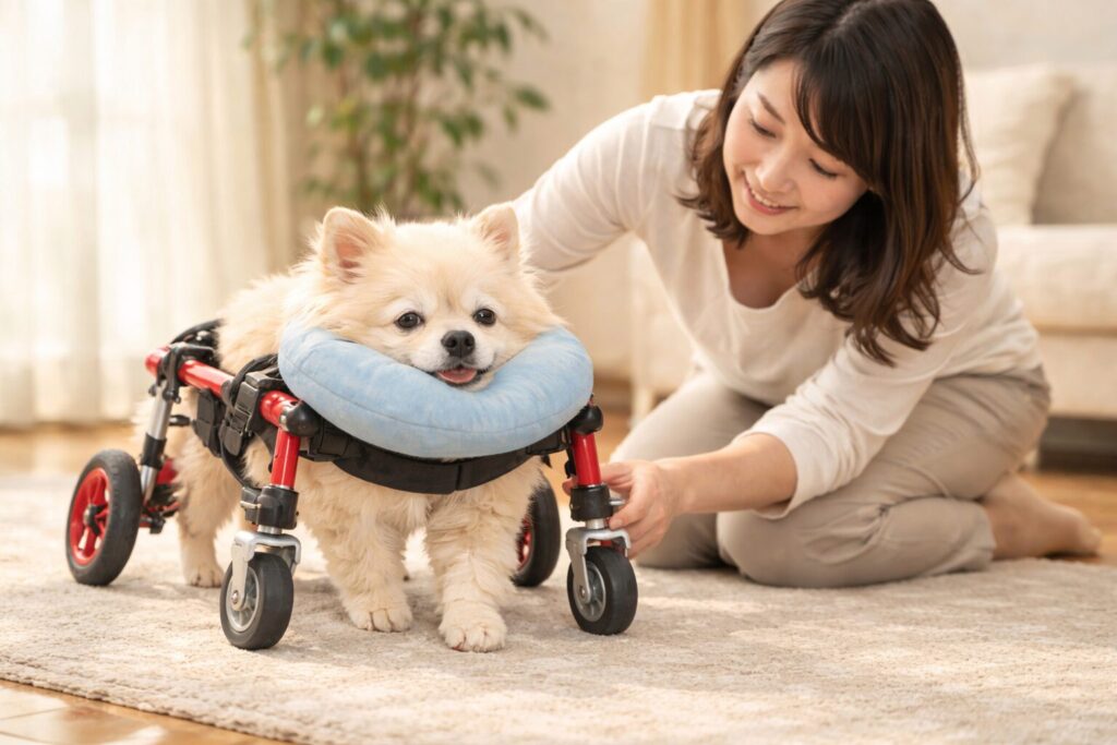 車椅子に慣れるため室内で練習する老犬と飼い主