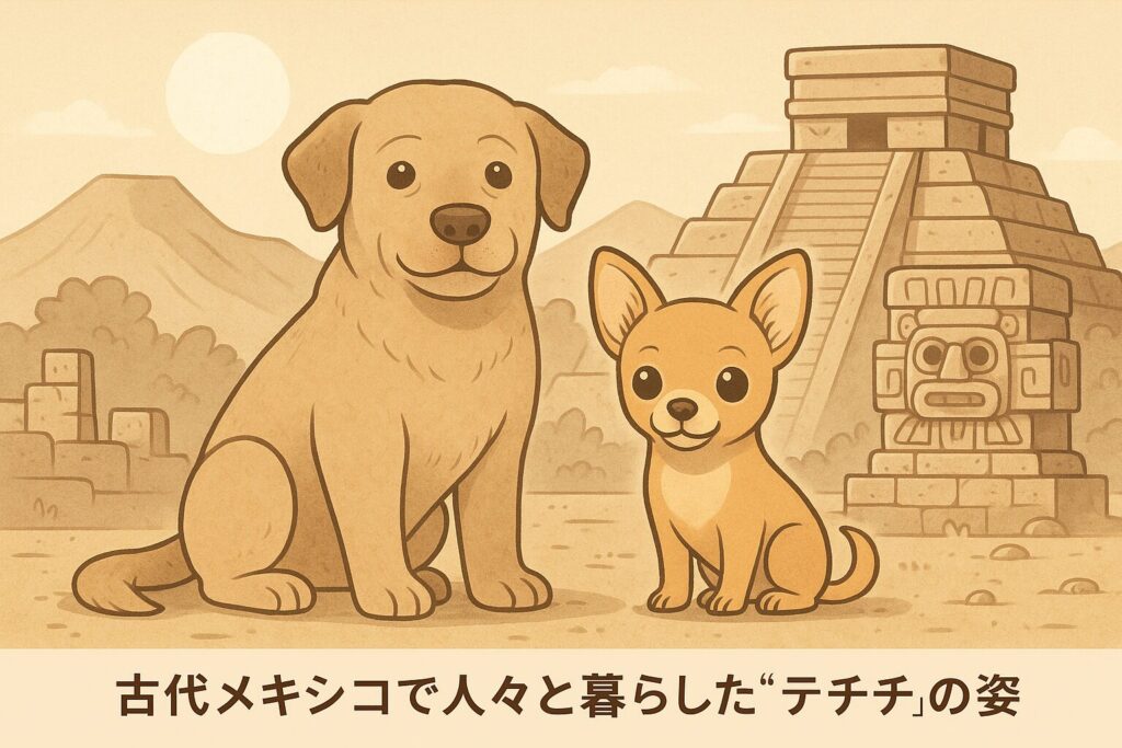 アステカ文明の石造遺跡の前に、テチチ（チワワの祖先）とチワワが並んでいる温かいイラスト