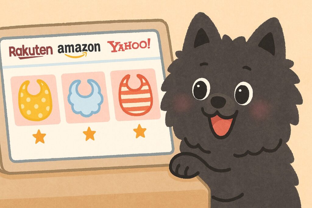 黒ポメラニアンがタブレット画面のよだれかけ商品を見ている、通販比較の雰囲気が伝わるイラスト。