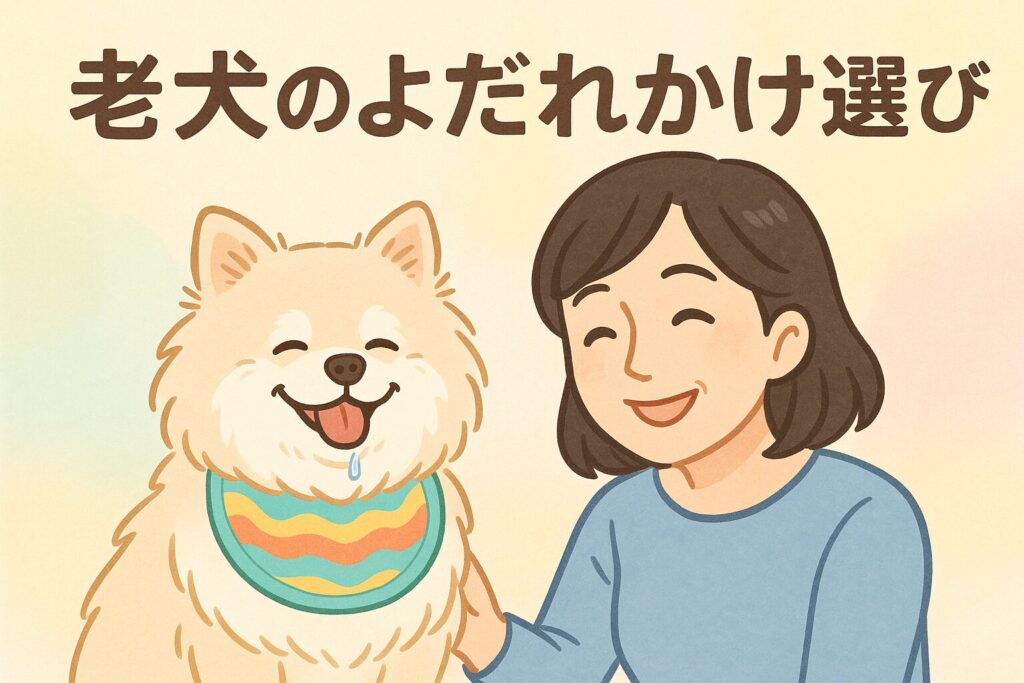 白ポメラニアンがよだれかけをつけて微笑み、日本人女性が隣で優しく寄り添っているアイキャッチイラスト。