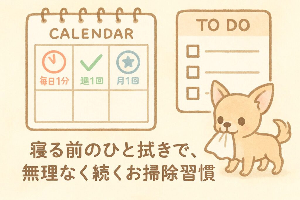 「カレンダーとチェック項目で掃除ルーティンを見える化したイラスト」