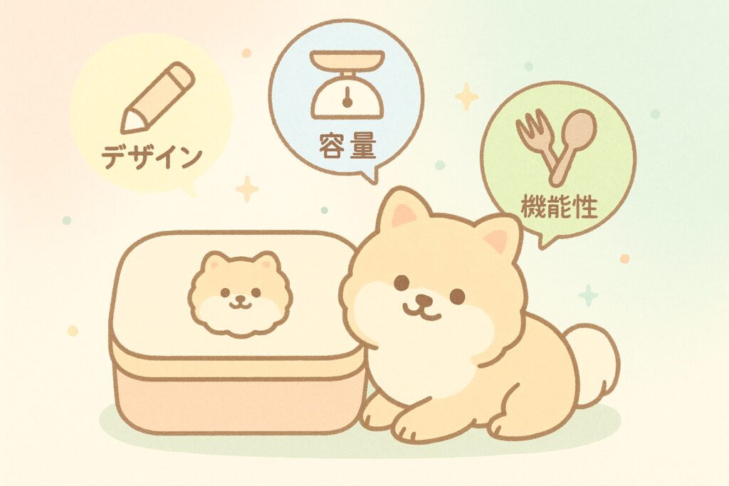 ポメラニアン柄の弁当箱とデザイン・容量・機能性をアイコンで示した図解風イラスト