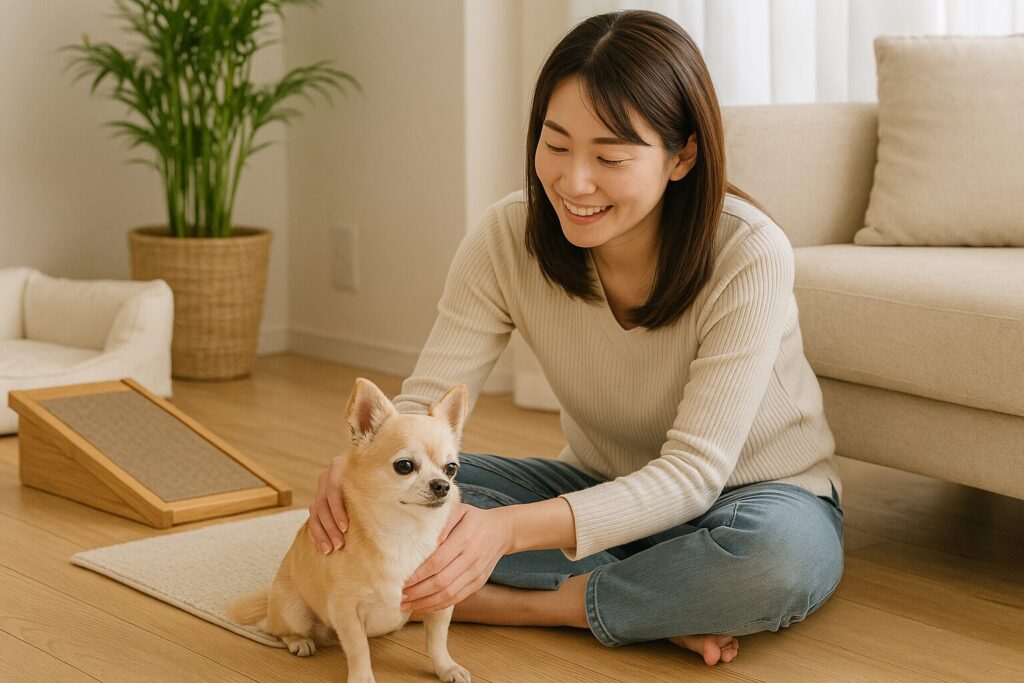 　日本人女性がチワワと暮らす穏やかな日常。スロープや低いトイレを取り入れた安心の暮らしのイメージ写真。